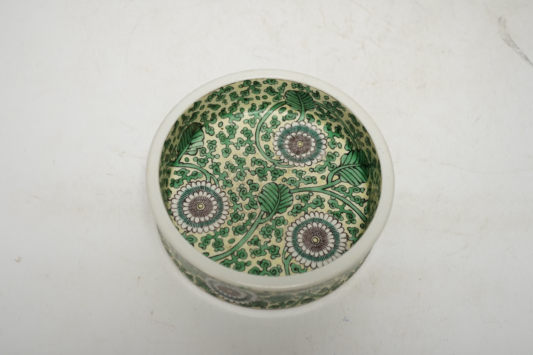 A Chinese famille verte yellow glazed brush washer, Kangxi mark, 19th century, 12.5cm. Condition - good